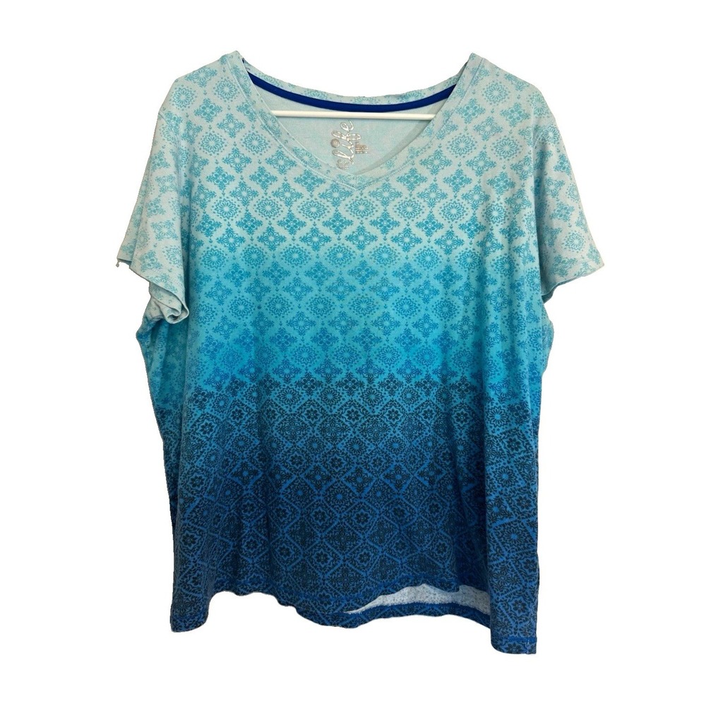 Made for Life Women's Plus 1X Blue Geometric Round Neck Knit Tee Shirt